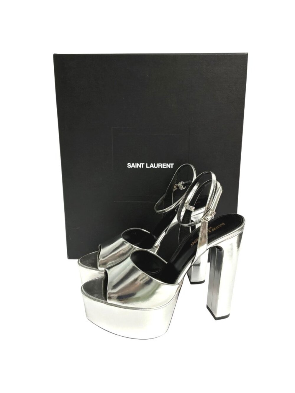 SAINT LAURENT Metallic Silver Leather "Jodie" Platform Open Toe Sandals sz 38.5